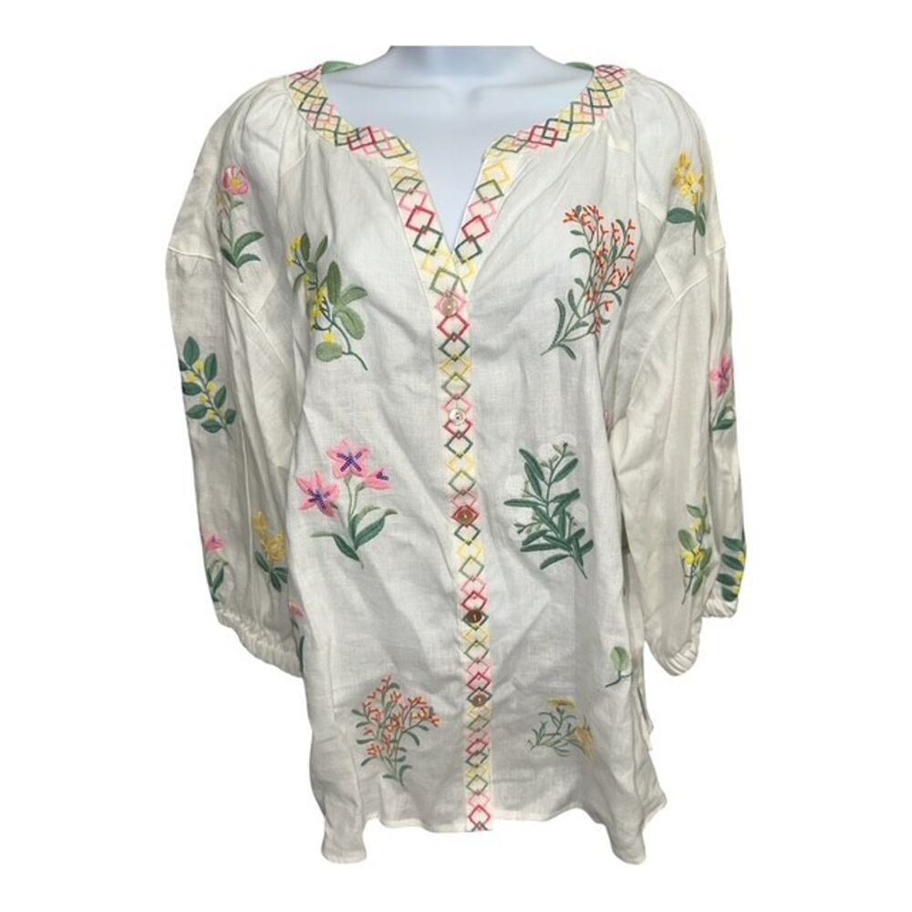 John Mark 1X Top Ivory Off-White Green Embroidered Floral Linen Cotton Button Up